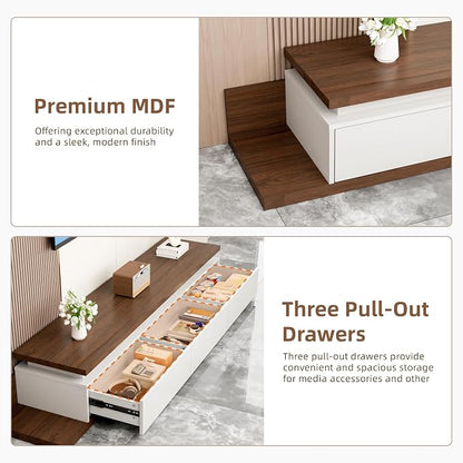 Extendable TV Stand with LED Lights, Modern TV Console with 3 Drawers, Wooden - Image 6