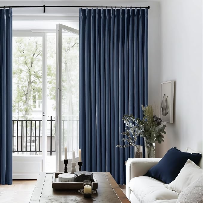 Dark Blue Pinch Pleated 100% Blackout Linen Bedroom Curtains 96 Inch Length | - Image 7