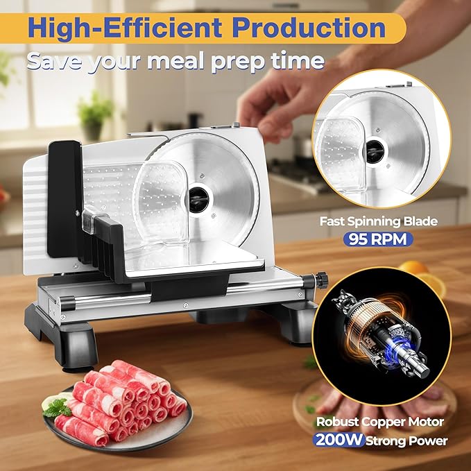 Meat Slicer 200W for Home Use, 2 Removable 7.5" Stainless Steel Blades, Electric Food Slicer with 0-18mm Adjustable Thickness, Child Lock, 1 Tray, and 1 Towel