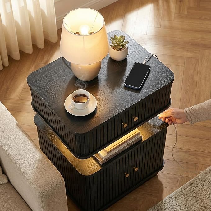 Black Nightstand with Charging Station and LED Light, Fluted Bedside Table with - Image 5