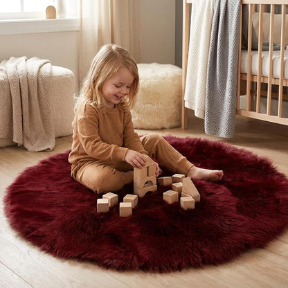 duduta Burgundy Faux Fur Sheepskin Round Rug 4x4 ft, Fluffy Shag Circle Rug | - Image 6