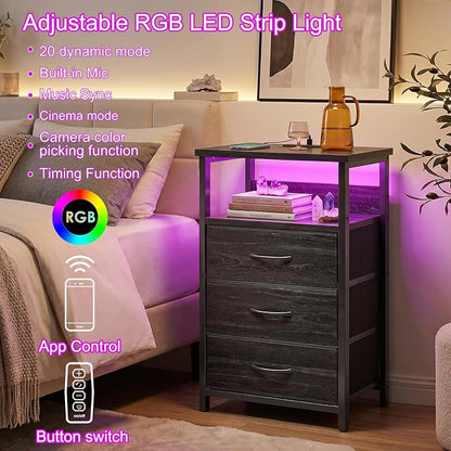 Fixwal Night Stand with Charging Station, LED Nightstand with Fabric Drawers - Image 4