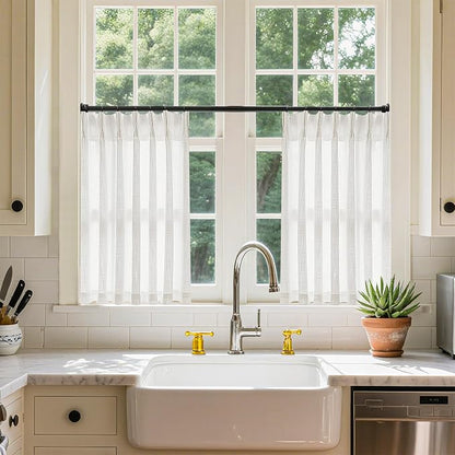 Beige White Linen Kitchen 24 Inch Curtain 2 Panels Pinch Pleat | Off White - Image 9