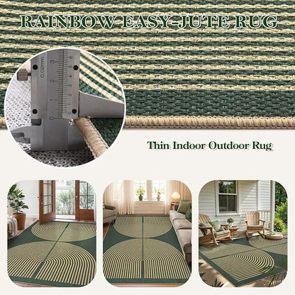 Lahome Rainbow Easy Jute Dark Green Rug, 5x7 Mid Century Modern Rug | Rugs - Image 3