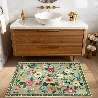 RELEANY Floral Washable 2x3 Area Rugs Doormat LightGreen | Flower Carpet Print - Image 2
