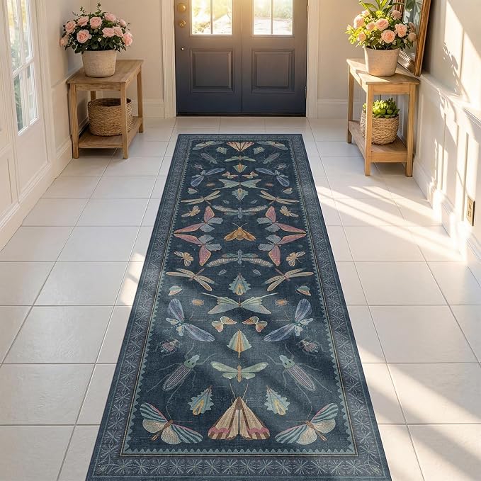 Vintage Dark Blue Insect Moth Runner Rug 3x8, Non Slip Washable Carpet - Image 6