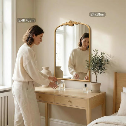 Besdomus Antique Arched Wall Mirror: 24"x36" French Large Arch Gleaming Gold - Image 2