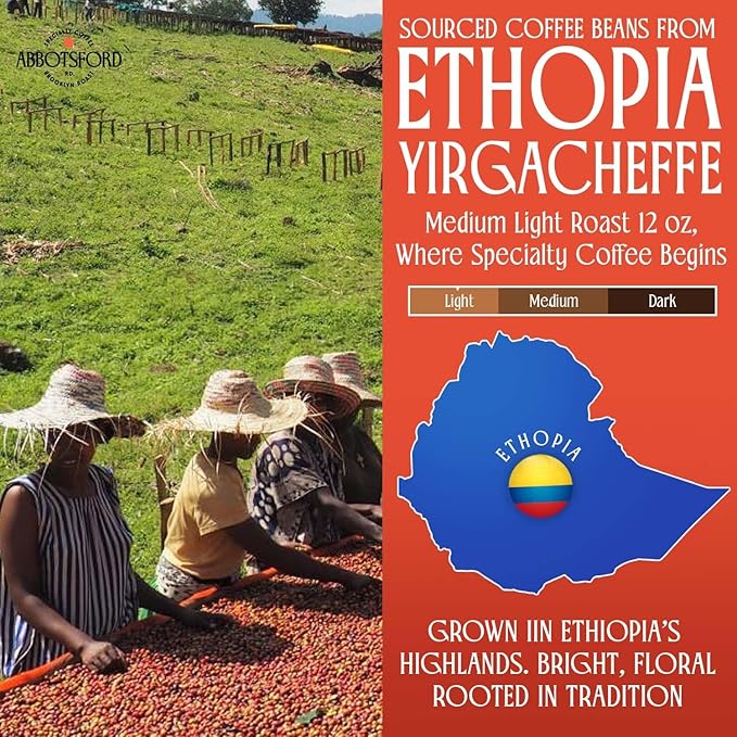 Ethiopia Yirgacheffe Coffee Beans, Medium-Light Roast Ethiopian Coffee Beans with Stone Fruit, Caramel & Toasted Pine Nuts, Flavored Single Origin 12oz Bag, Perfect Festive Gift