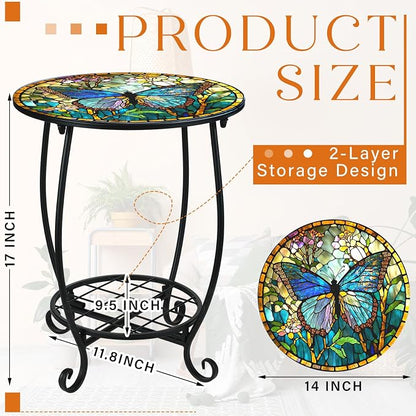 Cinnvoice Outdoor Side Table Round Small Mosaic Patio Accent Indoor End Plant - Image 3