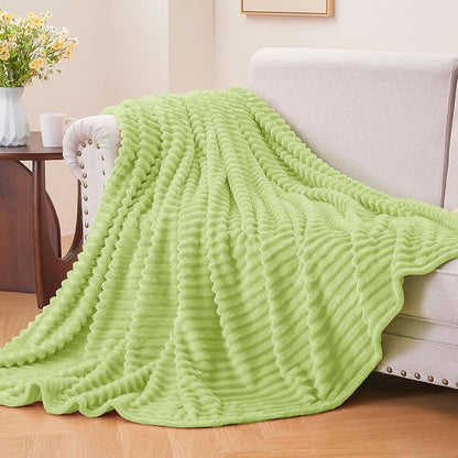 BEDELITE Ribbed Jacquard Cream Lime Fleece Twin Blanket - Image 2