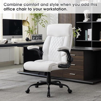 High Back Office Chair with Flip-up Armrests, Leather Comfy Desk Chair with - Image 3