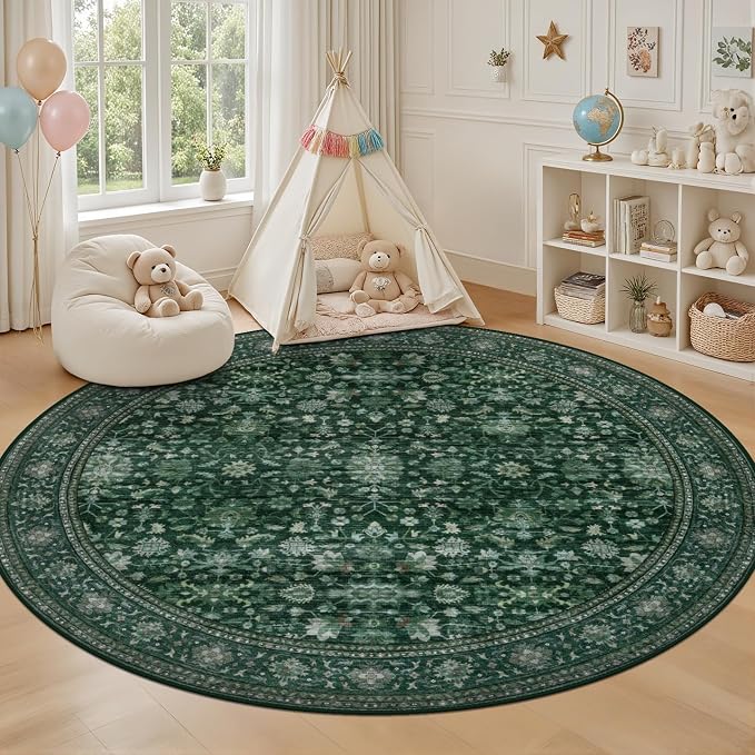 Round Area Rug for Living Room: 6ft Boho Washable Rug Deep Green | Vintage Boho - Image 5