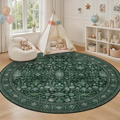 Round Area Rug for Living Room: 6ft Boho Washable Rug Deep Green | Vintage Boho - Image 5
