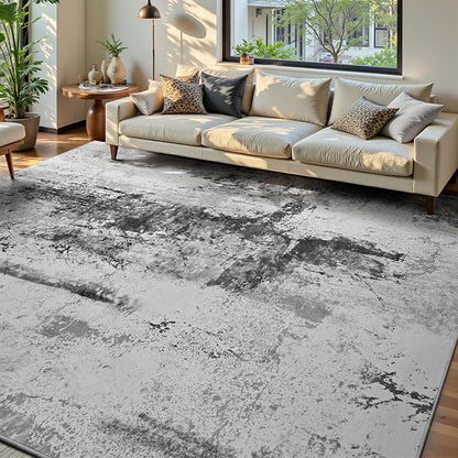 Living Room Rug 7x10 Ink Black Area Rugs Machine Washable Abstract Boho Large by OmpaaHomeDecor