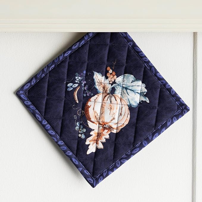 Maison d' Hermine Pot Holders Set 100% Cotton Heat Resistant Potholders 8" x 8" Hot Pads with Loop BBQ, Cooking, Baking, Grilling, Kitchen, Handling Hot Pans (Pack of 2, Pumpkin Blues)