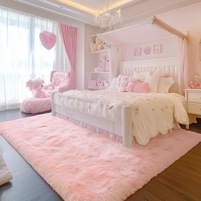 Pink Fluffy Shag Area Rugs for Bedroom 3x5 Ft, Bedside Preppy Dorm Area Rug | - Image 6