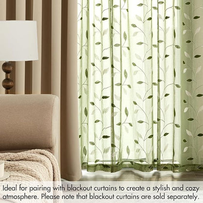 MIULEE Sage Green Sheer Curtains 2 Panels Leaf Patterned, W52 x L96 | - Image 7