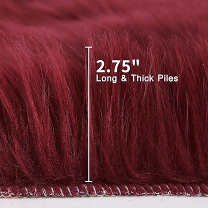 duduta Burgundy Faux Fur Sheepskin Round Rug 4x4 ft, Fluffy Shag Circle Rug | - Image 2