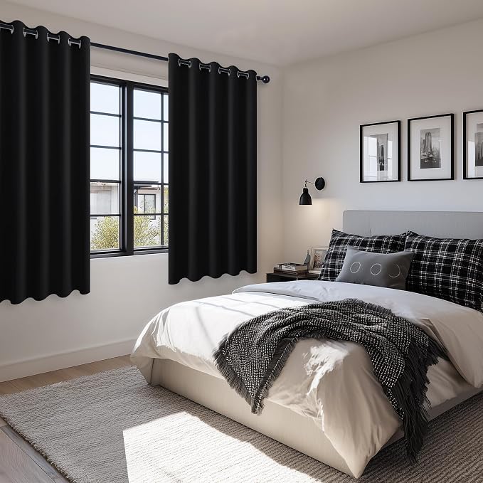 Grommet Blackout Curtains for Bedroom 60 x 72 Inches Black 2 Panels | Thermal - Image 6