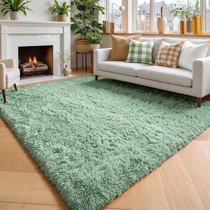 Amdrebio Sage Green Large Fluffy Rug 6x9 by Amdrebio