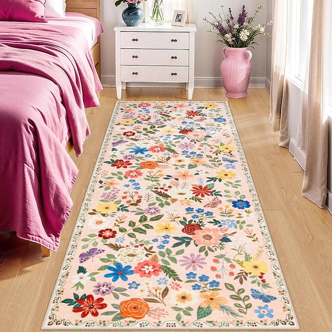 PLHXFR 2.6x8 Washable Runner Rug：Floral Indoor Kitchen Soft Carpet Beige | - Image 2