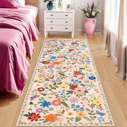 PLHXFR 2.6x8 Washable Runner Rug：Floral Indoor Kitchen Soft Carpet Beige | - Image 2