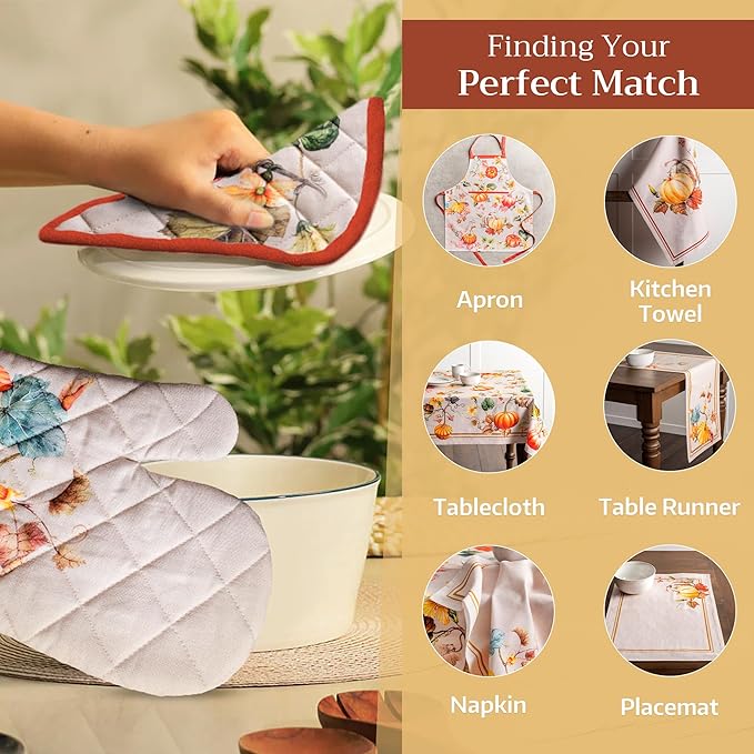Maison d' Hermine 100% Cotton Oven Mitt & Pot Holder Set (7.5"x13" & 8"x8") Heat Resistant BBQ Cooking Gloves with Loop, Baking, Grilling, Kitchen, Handling Hot Pans (Potiron)