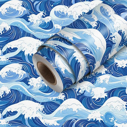 HOMETITUTE Ocean Blue Wave Pattern Wallpaper Peel and Stick Self Adhesive Vinyl by HOMETITUTE