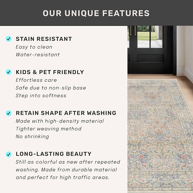 Beige Blue Washable 2x8 Runner Rug - Image 7