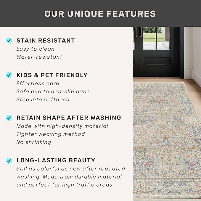 Washable Beige Blue 2x10 Runner Rug - Image 7