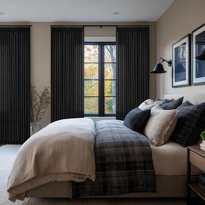 Linen Pleated Light Filtering Black Memory Shaped Curtains 108 Inches Long | - Image 8
