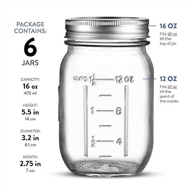 Paksh Novelty Mason Jars 16 oz - 6-Pack Regular Mouth Glass Jars with Lid & Seal Bands - Airtight Container for Pickling, Canning, Candles, Home Decor, Overnight Oats, Fruit Preserves, Jam or Jelly