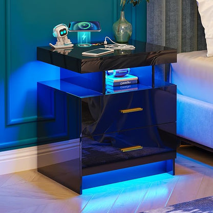 WOOVIVS Night Stand with Light, High Gloss Nightstand with USB/Wireless by WOOVIVS