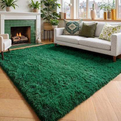 Amdrebio Dark Green Large Furry Rug 6x9 by Amdrebio