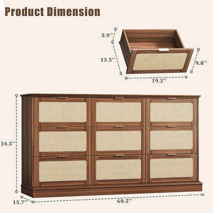 HUAHUU 9 Drawer Dresser for Bedroom, 60 Inch Long Dressers & Rattan Chest of - Image 2