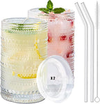 2 Pcs Iced Coffee Glasses Cups with Glass Lids and Straws,12 oz Thick Emboss Beaded Drinking Glass Cup Set,Latte Glasses,Ideal for Water,Soda,Gift - with Cleaning Brushe