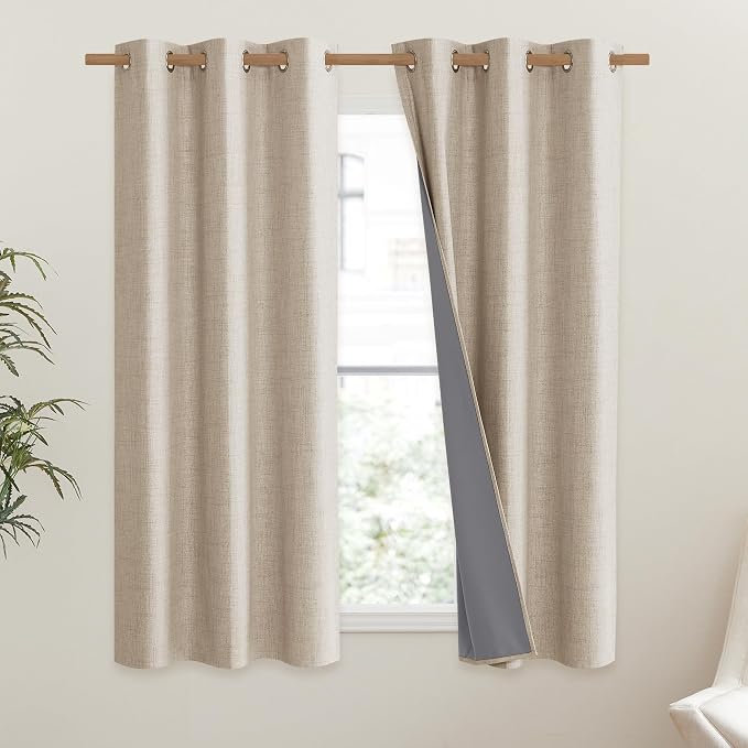 NICETOWN Cream 100% Blackout Linen Curtains 45 inch Long Burg - Image 2