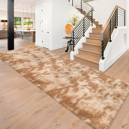 Super Soft Fluffy Living Room Area Rugs 3x10 ft Tie-Dyed Beige Shaggy Furry by JiaoBaba