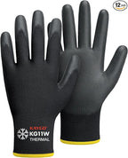 KAYGO Winter Work Gloves for Men and Women, 12 Pairs Thermal Insulated Safety Work Gloves PU Coated, Smooth Grip on Palm & Fingers,Ideal for Freezer Work,Black,L