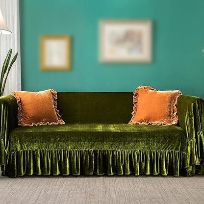 GLORY SEASON Velvet Sofa Cover Soft Decorative Luxurious Solid Exquisite Ruffle by GLORYSEASON