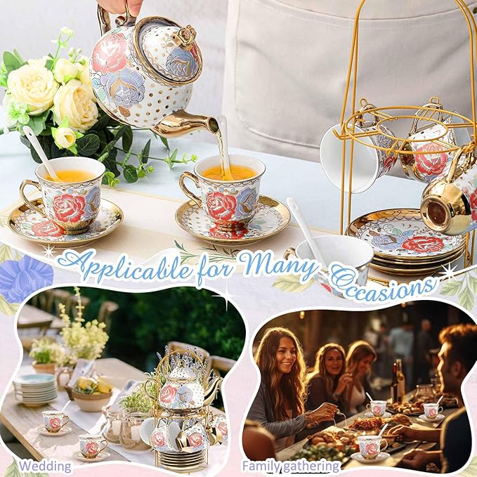 Zhehao 20 Pcs Porcelain Tea Set with Metal Holder and Spoon Adult Ceramic Tea Party Set European Flower Painting Teapot Cup Saucer Spoon Set for Women, Large Version(Romantic Style)