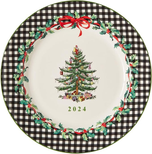 Spode Christmas Tree 2024 Annual Collector Plate - Exclusive Border with Red Ribbon & Black Check, Seasonal Display or Holiday Tableware Use, 8" Porcelain - Great Holiday Gift
