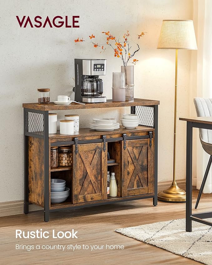 VASAGLE Buffet Cabinet, Coffee Bar Storage Cabinet, Sideboard with 2 Sliding Barn Doors, Adjustable Shelves, 13 x 39.4 x 31.5 Inches, for Living Room, Rustic Brown and Ink Black ULSC092B01