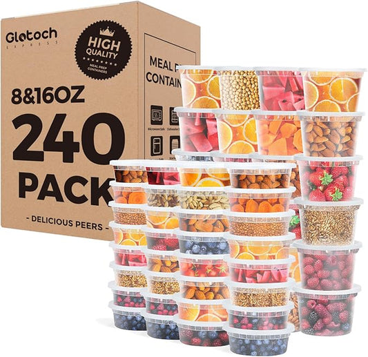 Glotoch Express 8oz & 16oz Combo Pack Food Containers with Lids, BPA-Free Plastic Deli Cups, Leakproof, Microwave/Freezer/Dishwasher Safe, 240 Pack