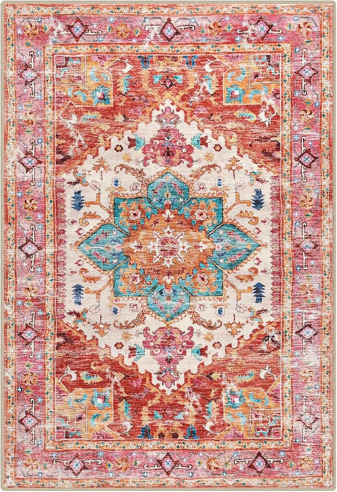 Yamaziot Washable Area Rug, 4x6 Non-Slip Boho Living Room Bedroom Rug | Stain - Image 3