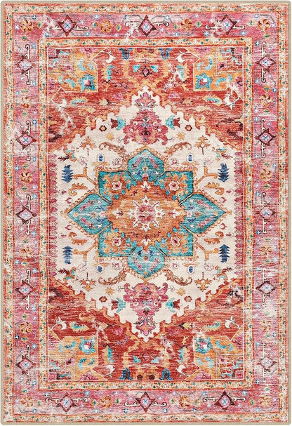 Yamaziot Washable Area Rug, 4x6 Non-Slip Boho Living Room Bedroom Rug | Stain - Image 3