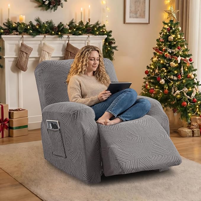 Oversized Recliner Chair Covers, 4-Piece Stretch Geometric Strokes Jacquard - Image 5