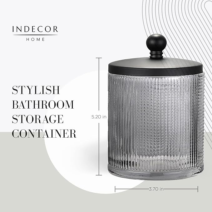 Glass Jar with Metal Lid for Bathroom Organization, Clear Apothecary Jar for Cotton Balls, Q Tips, and Small Accessories, Stylish Bathroom Storage Container Grey, Black