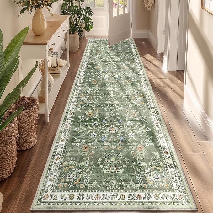 Yamaziot 3x10 Washable Hallway Runner Rug Non Slip Floral Carpet, Sage Green | - Image 6