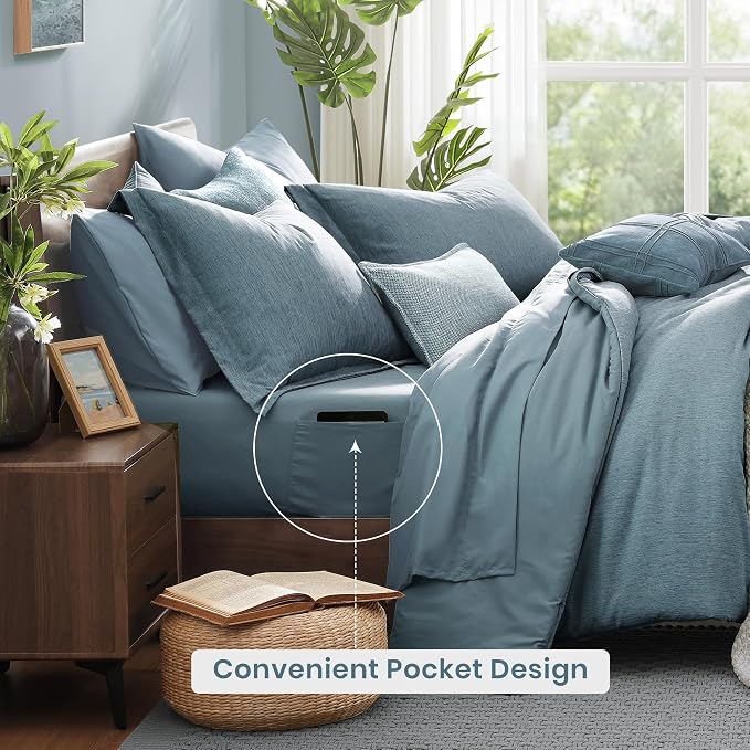Monbix King Size Comforter Set, 7 Pieces Dusty Blue Cationic Dyeing Bed in a - Image 4